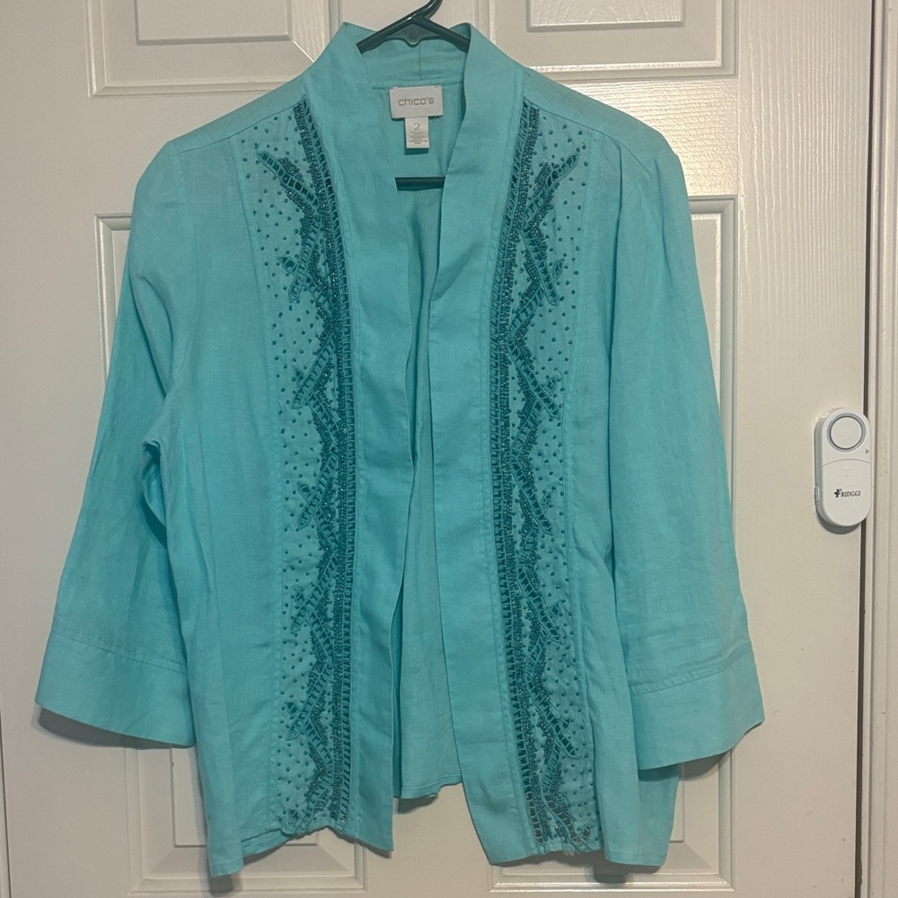 Chico's Teal Open Front Beaded Button Down